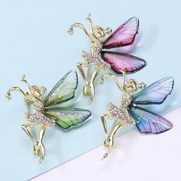 Beautiful Rhinestone & Resin Dancing Ballerina Fairy Rainbow Brooch Pin Green - Picture 3 of 5
